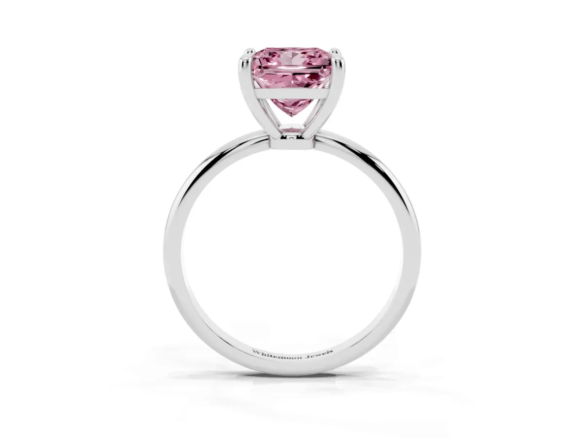 Fancy Pink Princess Cut Solitaire Diamond Ring with 4-Prong Setting on a Classic Band Silver