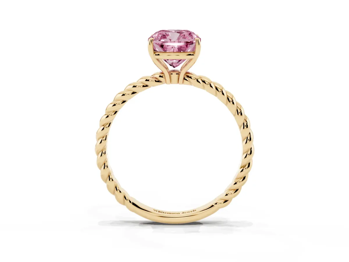 Fancy Pink Cushion Cut Solitaire Twist Band Ring with Four-Prong Setting Yellow gold