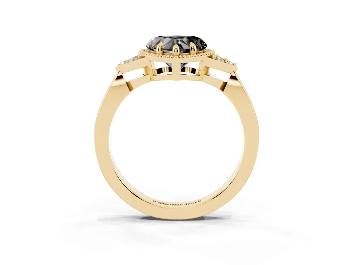 Fancy Black Hexagonal Halo Heart Cut Diamond Solitaire with Pavé Band and Four-Prong Setting Yellow gold