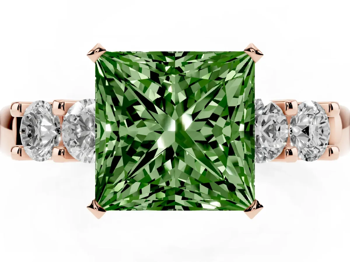 Fancy Green Princess Cut Brilliant Cut Diamond Five-Stone Prong Set Engagement Ring with Channel Band Rose gold