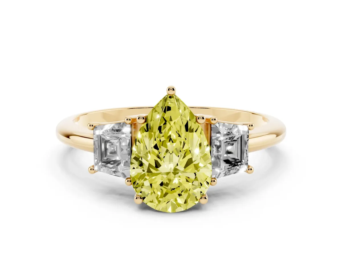 Fancy Yellow Pear Cut Diamond Three-Stone Ring with Trapezoid Side Stones and Prong Setting Yellow gold