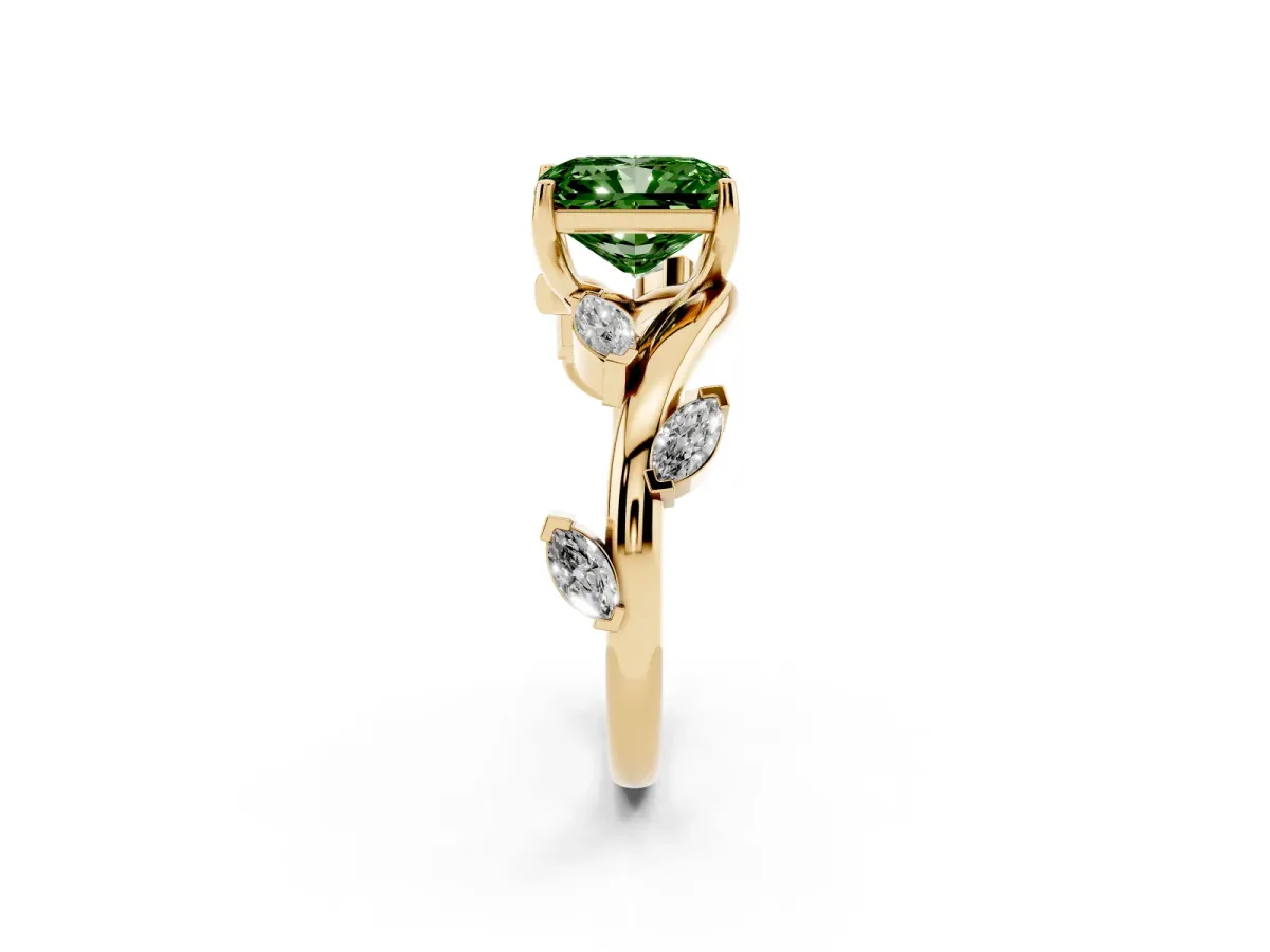 Fancy Green Radiant Cut Solitaire Twisted Band Marquise Accent Prong Setting Ring Yellow gold