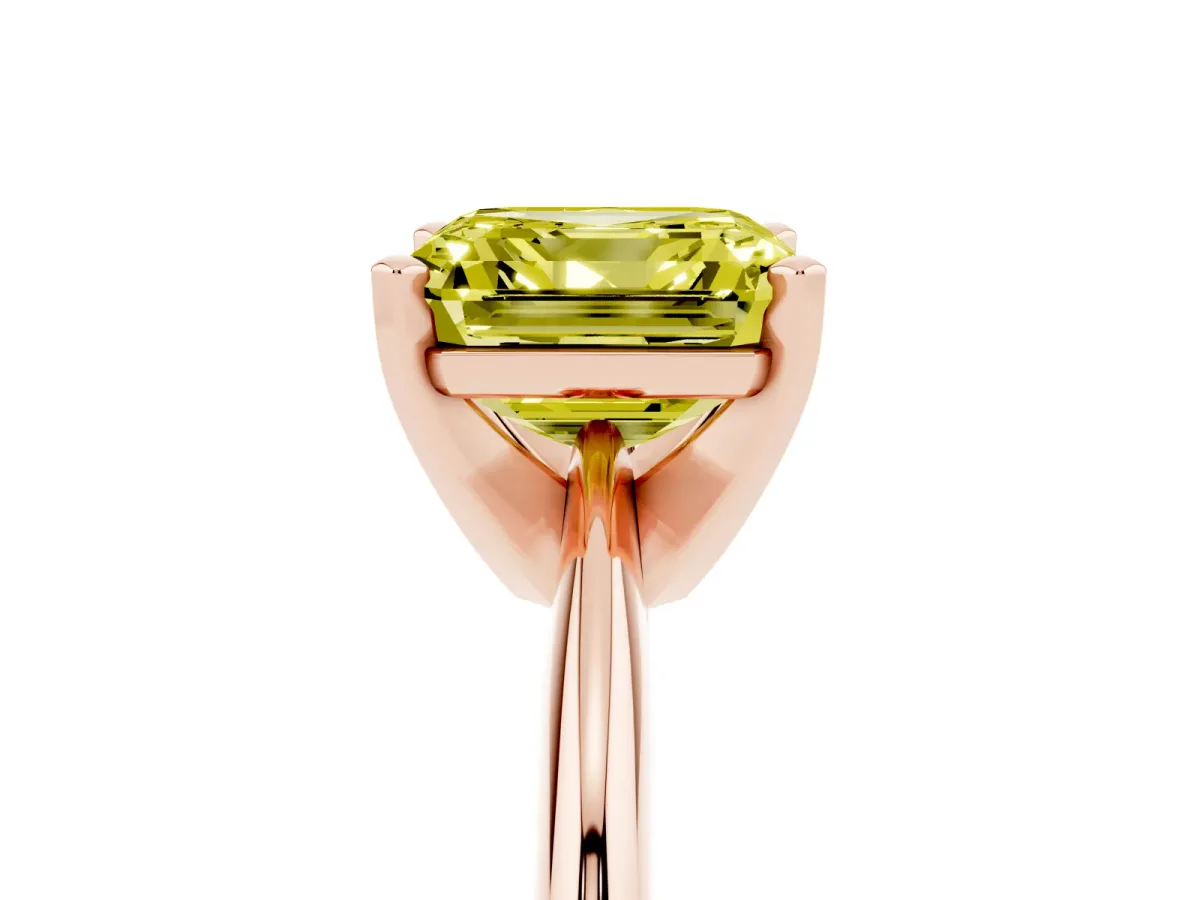 Fancy Yellow Asscher Cut Cut Solitaire Ring with Four-Prong Setting on a Classic Band Rose gold