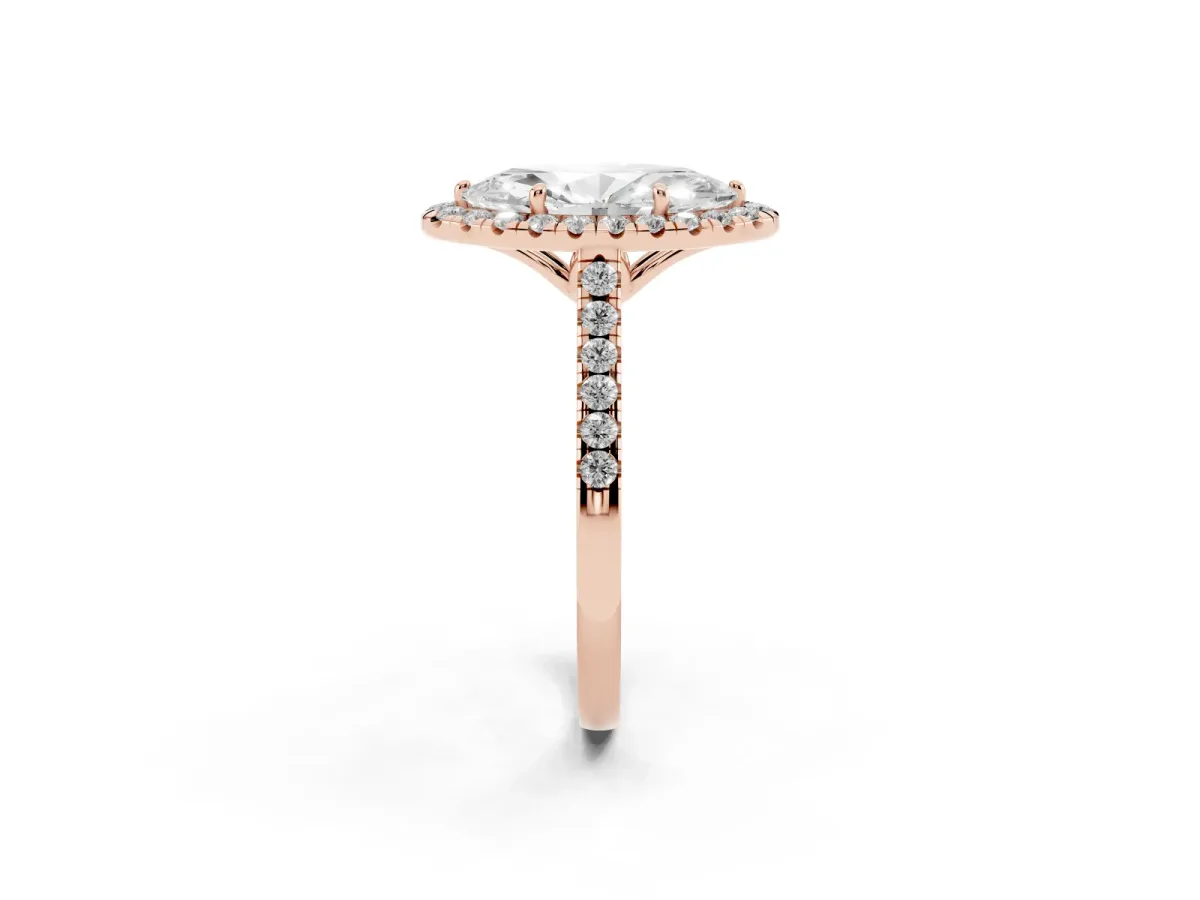 Marquise Cut Halo Pavé Diamond Engagement Ring with Four-Prong Setting Rose gold