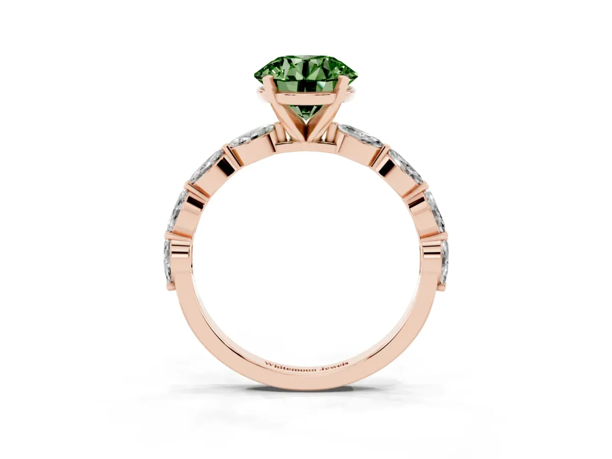 Fancy Green Round Cut Diamond Ring with Marquise Side Stones and Prong Setting Rose gold