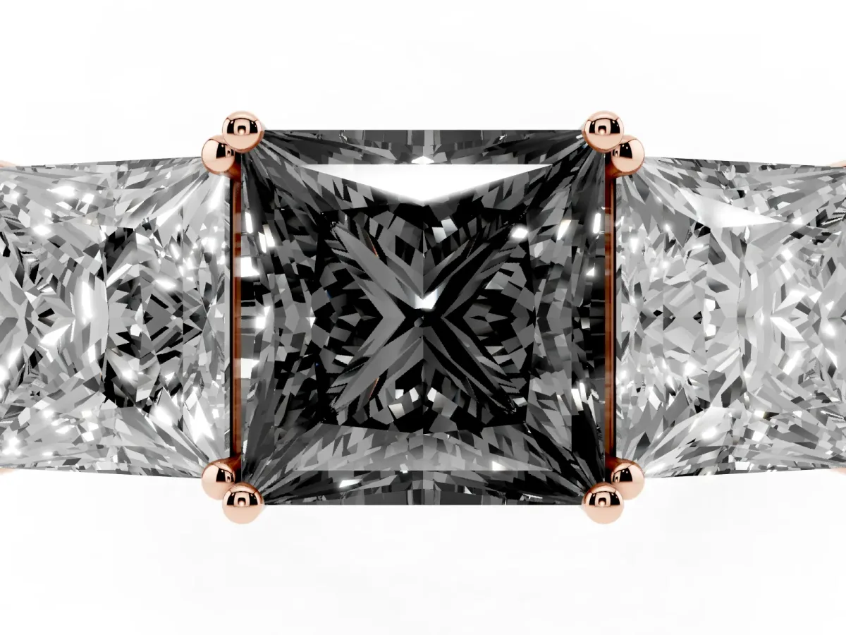 Fancy Black Princess Cut Diamond Three-Stone Ring with Prong Setting and Textured Band Rose gold