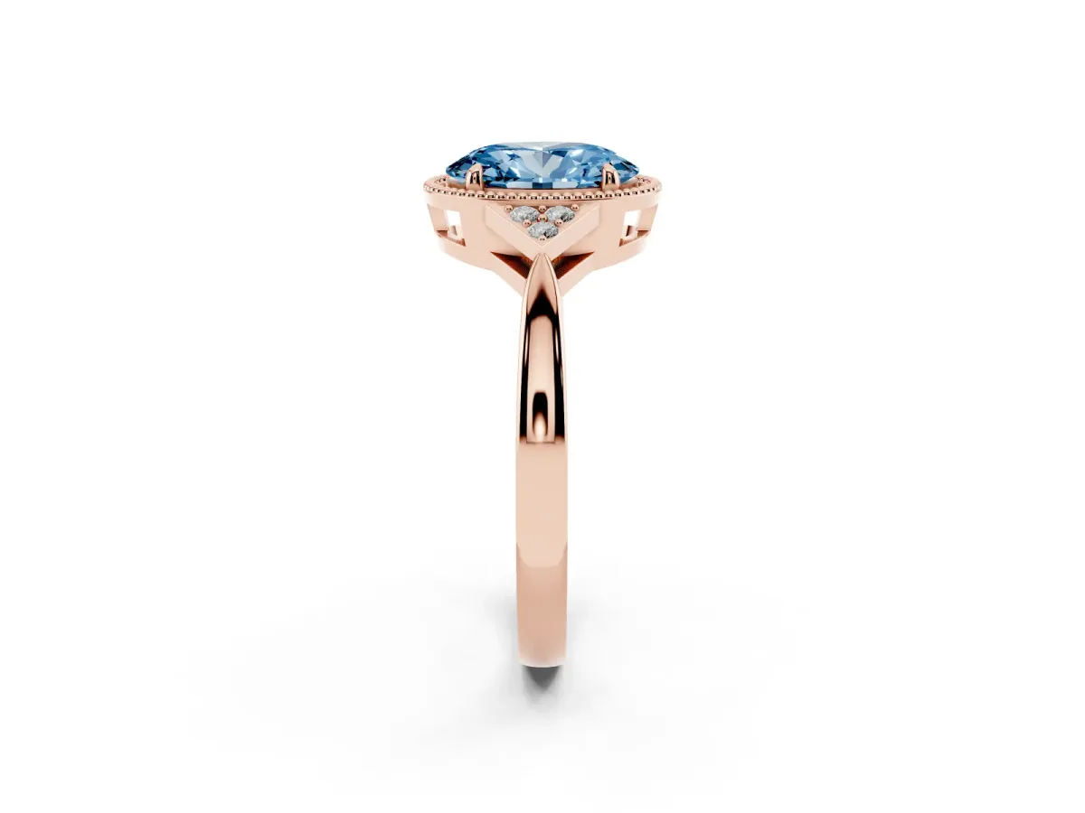 Fancy Blue Oval Cut Diamond Halo Ring with Tapered Band and Four-Prong Setting Rose gold