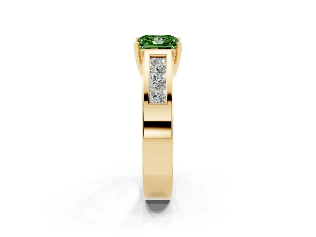 Fancy Green Princess Cut Cut Channel Set Solitaire Ring with Four-Prong Setting Yellow gold