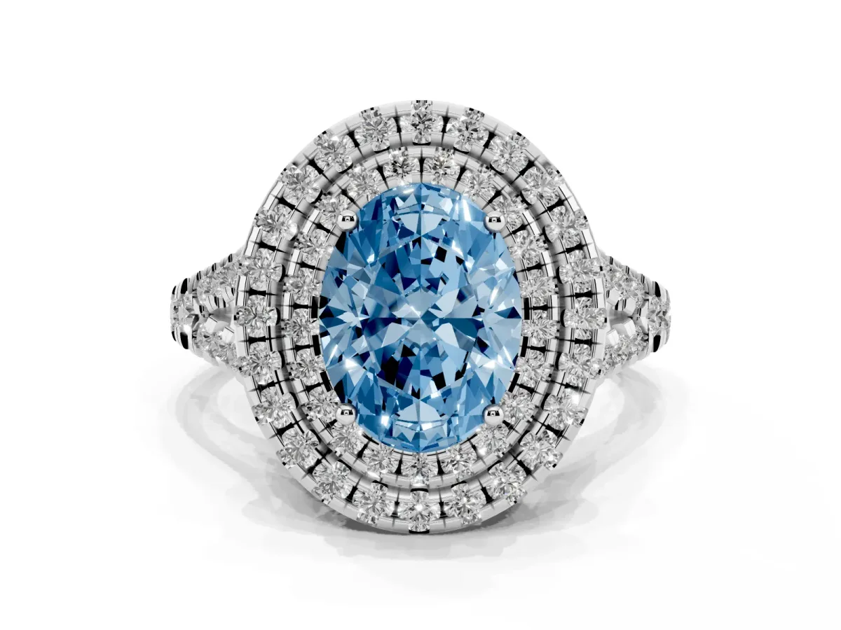 Fancy Blue Double Halo Oval Cut Diamond Pavé Split Shank Ring with Prong Setting White gold