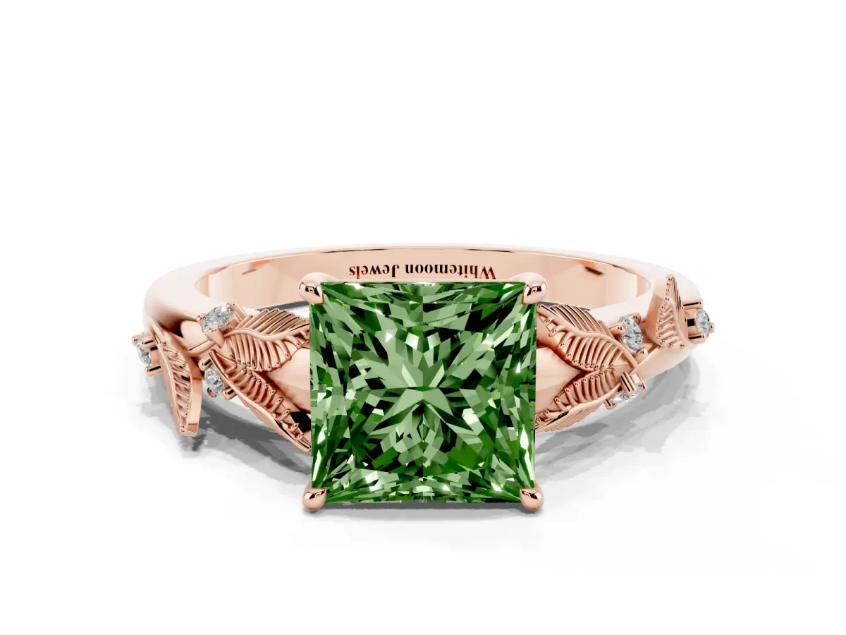 Fancy Green Princess Cut Diamond Solitaire Ring with Leaf Motif Band and Four-Prong Setting Rose gold