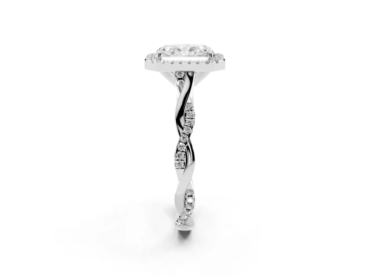 Radiant Cut Halo Twist Band Solitaire Ring Silver