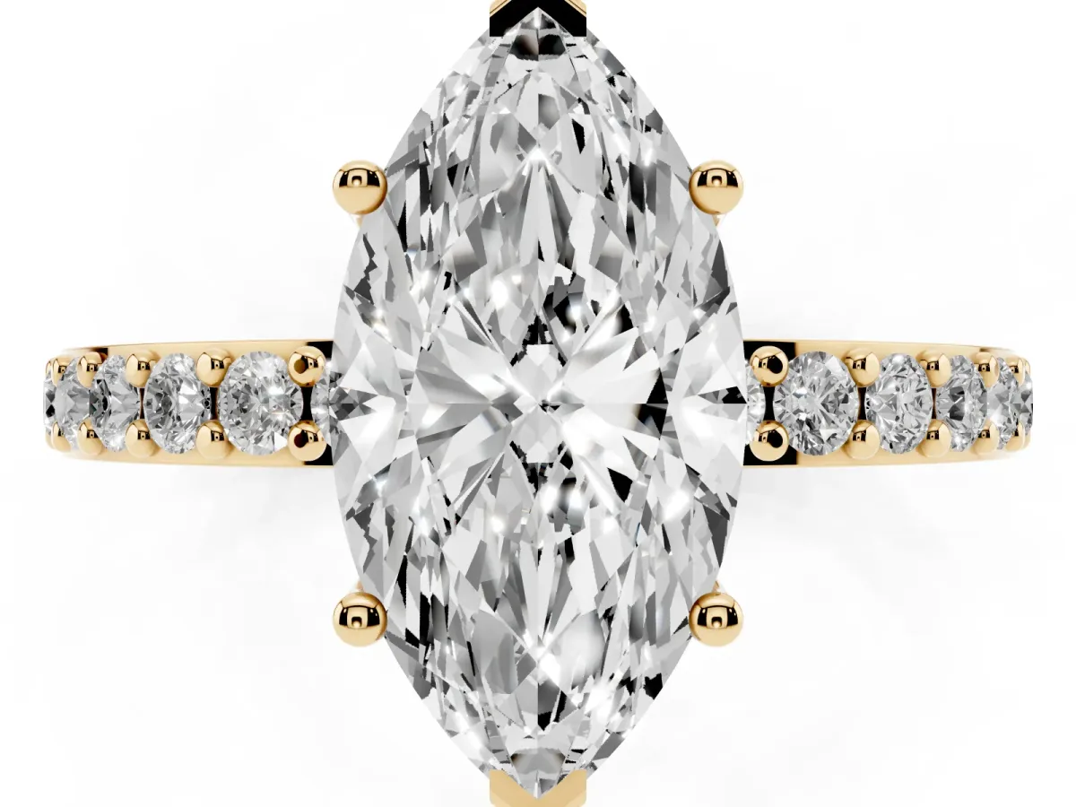 Marquise Cut Cut Diamond Solitaire with Pave Band and Four-Prong Setting Yellow gold