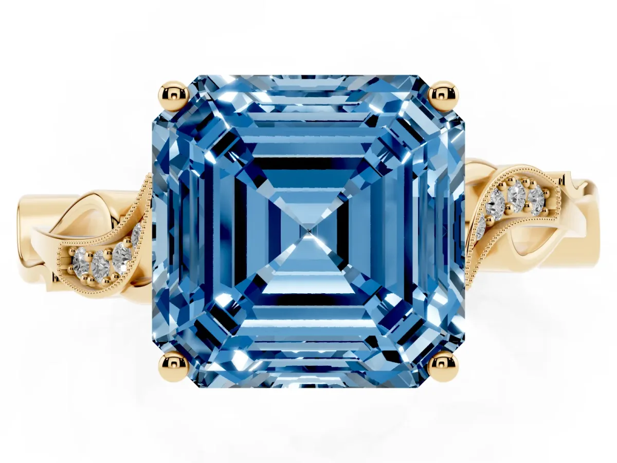 Fancy Blue Asscher Cut Solitaire Vine Band with Milgrain Prong Setting Yellow gold