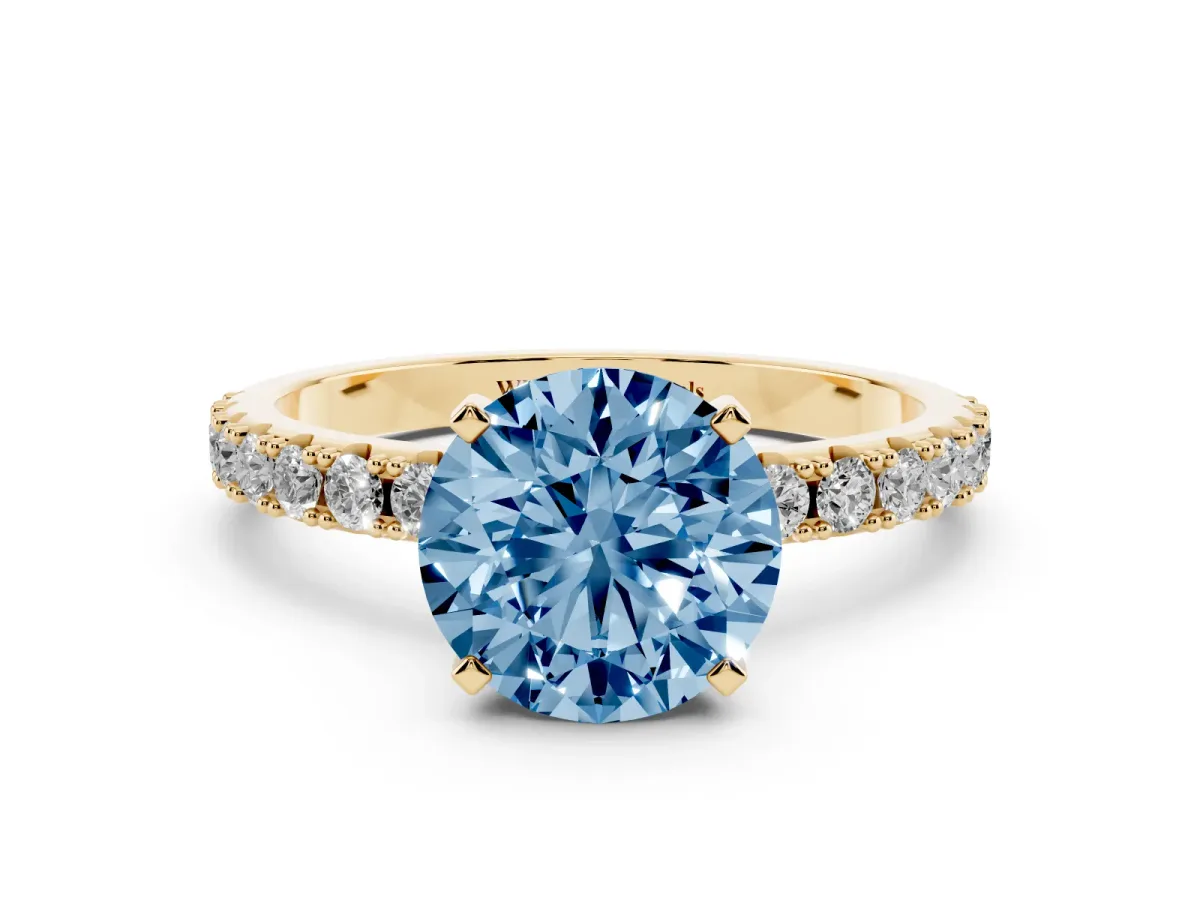 Fancy Blue Round Cut Diamond Solitaire Pavé Band with Four-Prong Setting Yellow gold