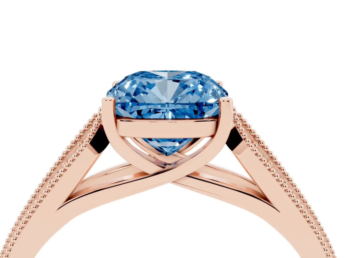 Fancy Blue Cushion Cut Cut Pave Split Shank Engagement Ring with Four-Prong Setting Rose gold