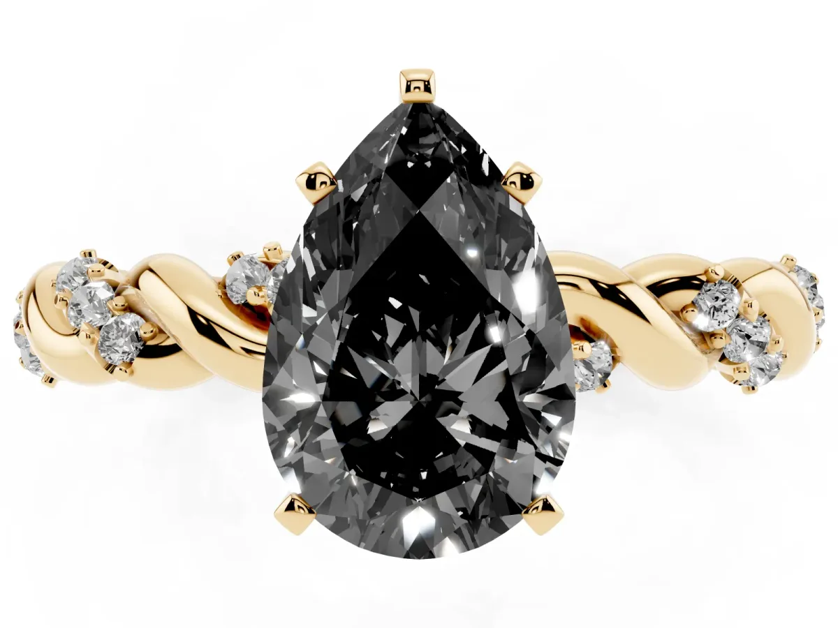 Fancy Black Pear Cut Diamond Solitaire Ring with Twisted Band and Pavé Accents Yellow gold