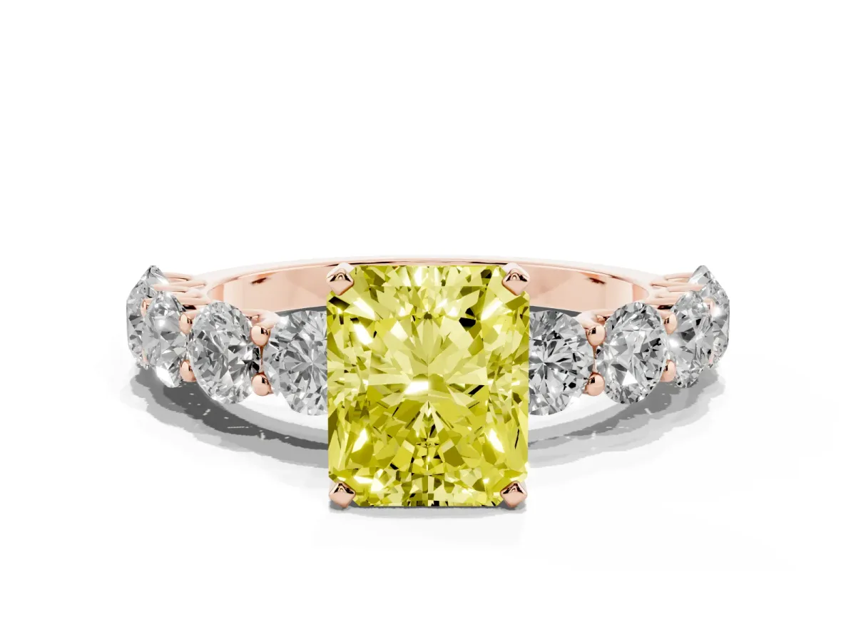 Fancy Yellow Radiant Cut Diamond Prong Setting with Side Stones on a Pave Band Rose gold