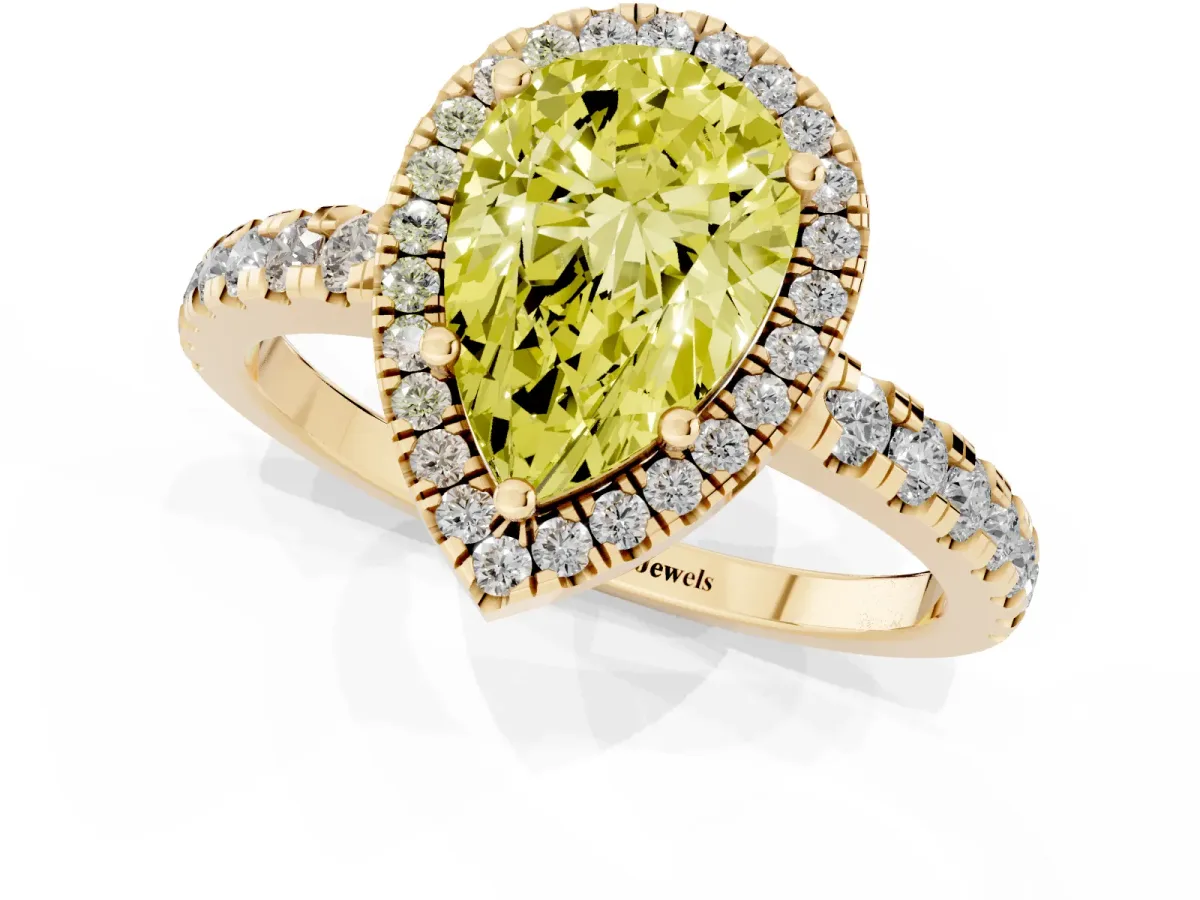 Fancy Yellow Pear Cut Diamond Halo Ring with Pavé Band and Four-Prong Setting Yellow gold