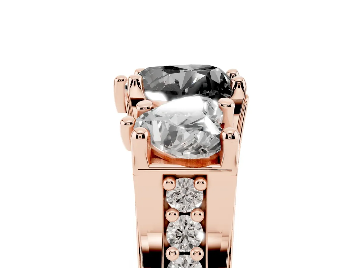 Fancy Black Heart Cut Diamond Three-Stone Ring with Channel Set Band and Four-Prong Setting Rose gold