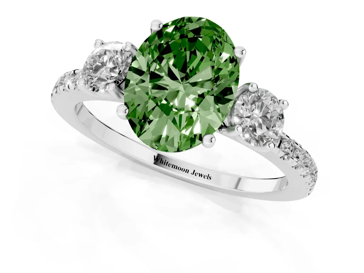 Fancy Green Three-Stone Oval Cut Cut Diamond Pavé Band with Prong Setting Silver
