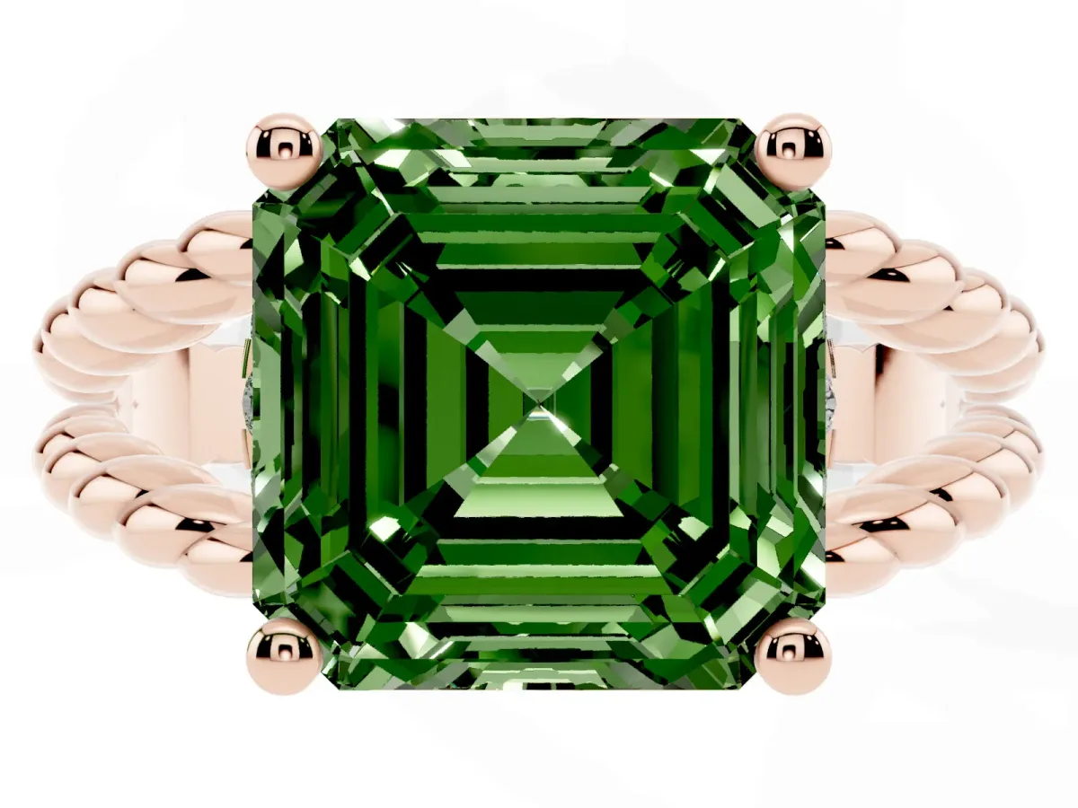 Fancy Green Asscher Cut Halo Twisted Band Four-Prong Ring Rose gold