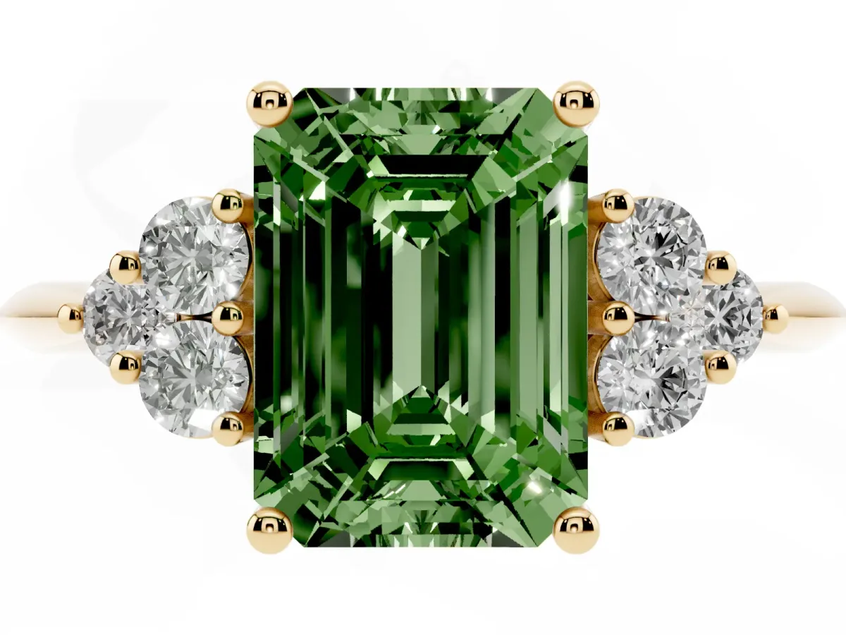 Fancy Green Emerald Cut Cut Diamond Cluster Ring with Solitaire Band and Four-Prong Setting Yellow gold