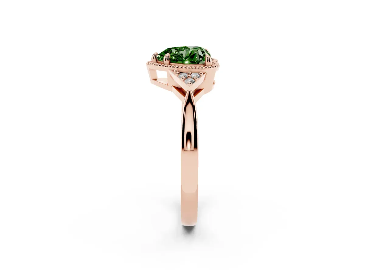 Fancy Green Milgrain Heart Cut Cut Diamond Ring with Tapered Pave Band and Four Prong Setting Rose gold