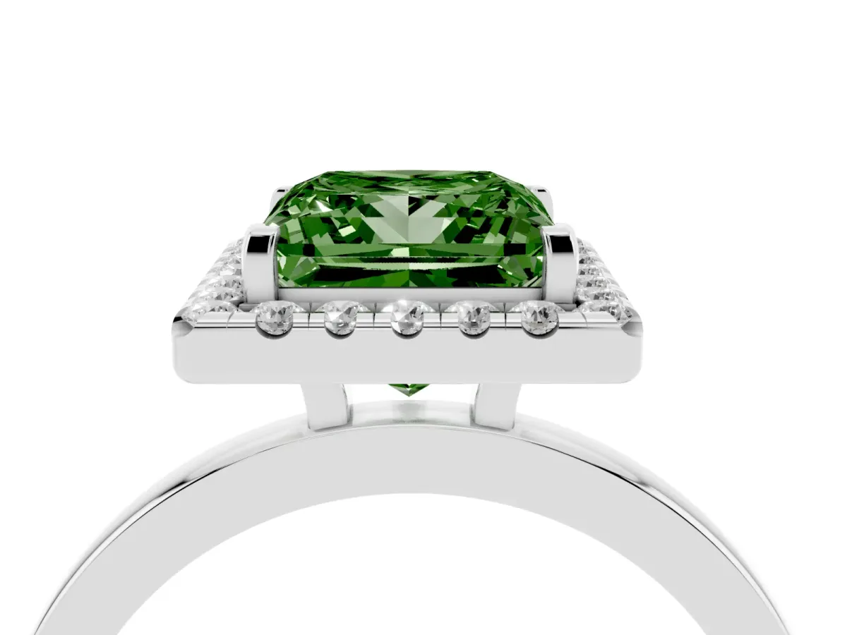 Fancy Green Princess Cut Halo Diamond Solitaire with Pavé Band and Four-Prong Setting Silver