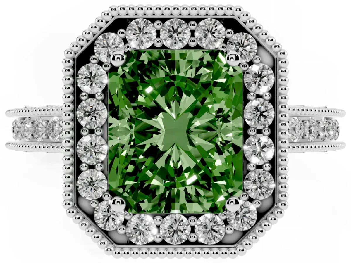 Fancy Green Radiant Cut Diamond Milgrain Halo Engagement Ring with Round Pavé Band and Prong Setting Platinum