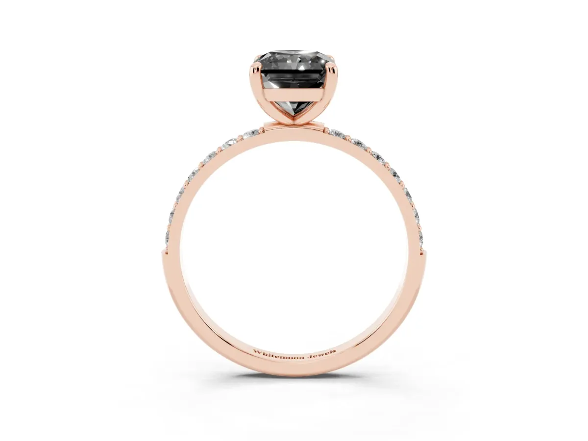 Fancy Black Radiant Cut Diamond Solitaire Ring with Round Pavé Band and Prong Setting Rose gold
