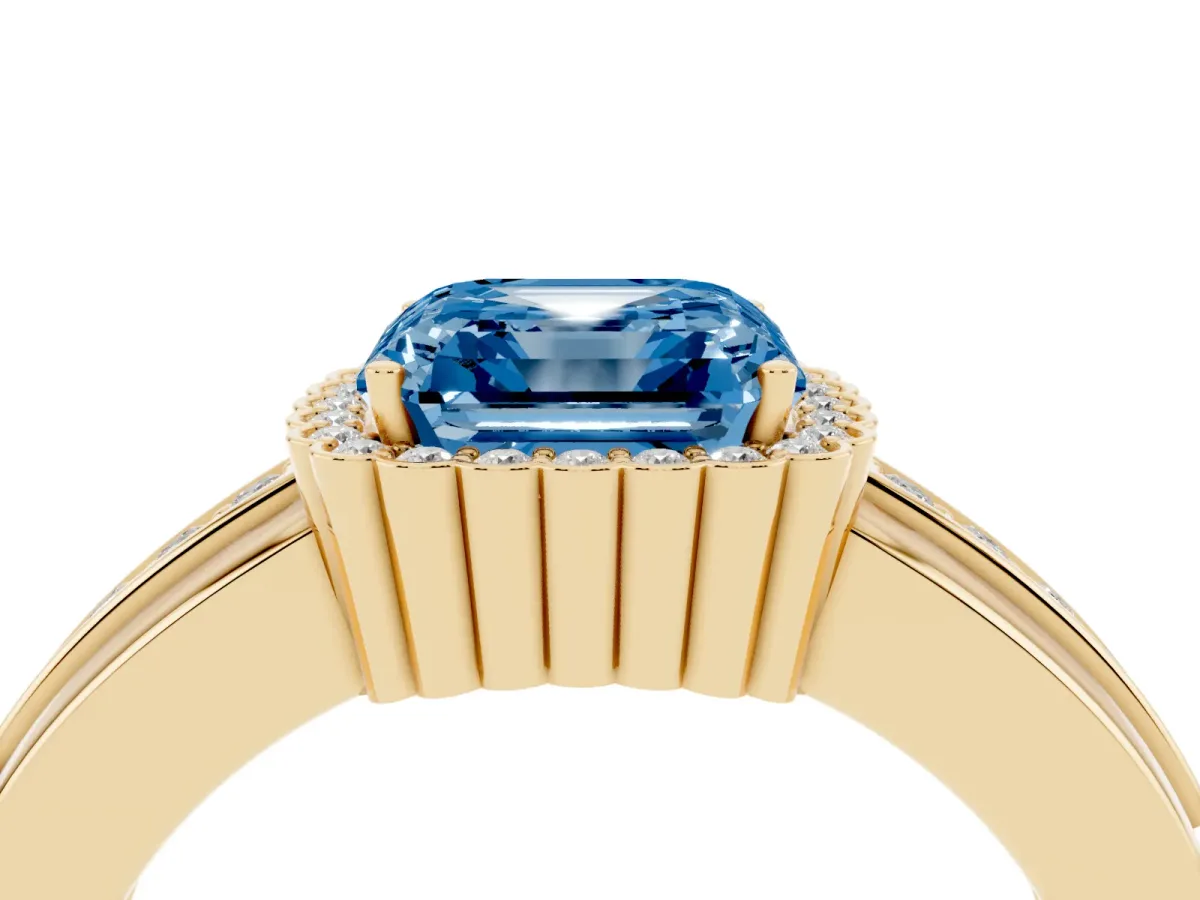 Fancy Blue Asscher Cut Cut Halo Pave Band Four-Prong Ring Yellow gold