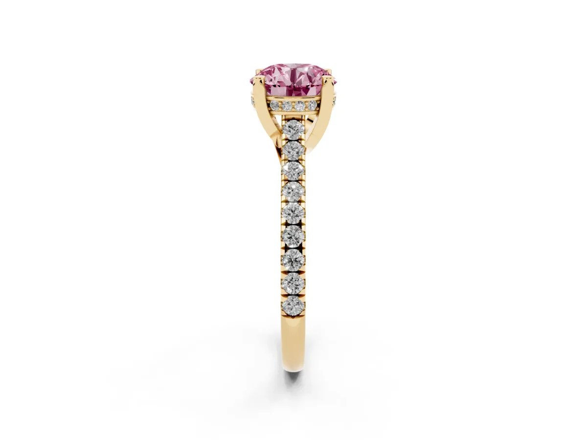 Fancy Pink Round Cut Brilliant Diamond Solitaire with Pavé Band and Four-Prong Setting Yellow gold