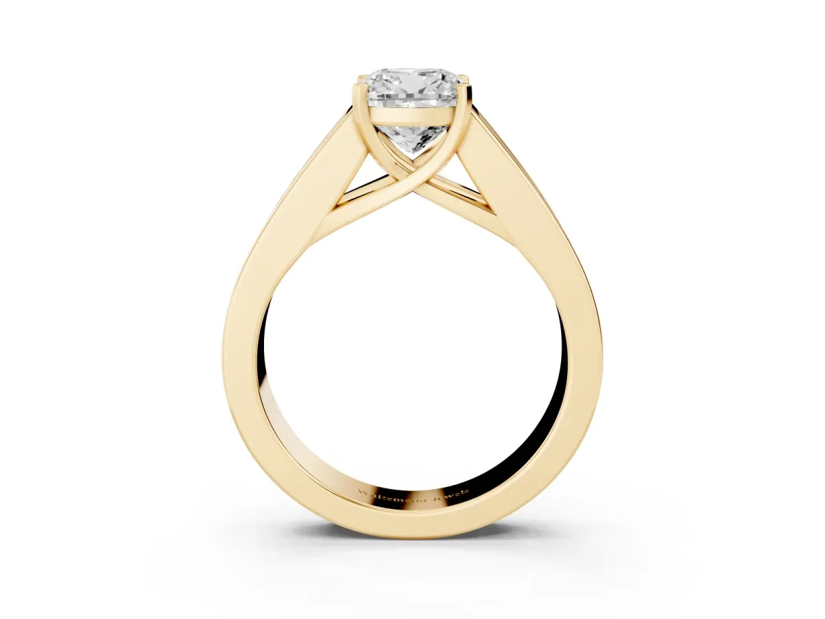 Cushion Cut Cut Channel Set Solitaire Ring with Four-Prong Setting Yellow gold