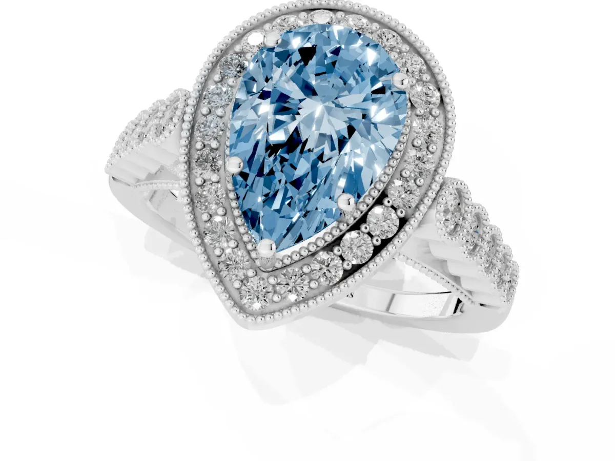 Fancy Blue Pear Cut Halo Twist Band Solitaire Ring with Six-Prong Setting Silver