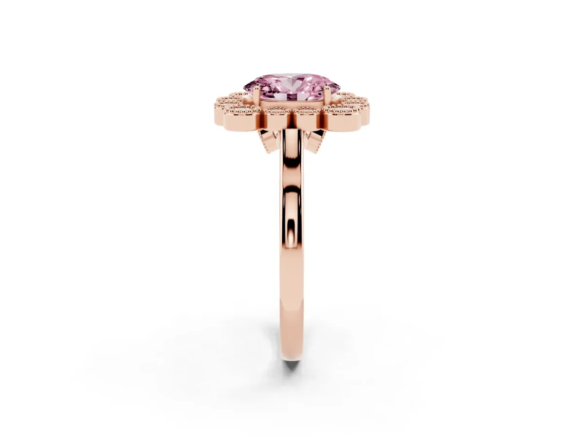 Fancy Pink Oval Cut Halo Diamond Cluster Engagement Ring with Milgrain Bezel Setting and Solitaire Band Rose gold