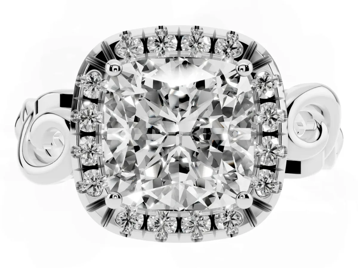 Cushion Cut Cut Halo Diamond Ring with Scrollwork Band and Four-Prong Setting Platinum