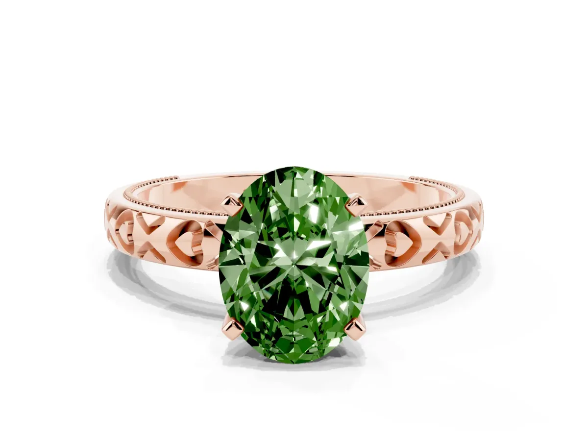 Fancy Green Oval Cut Solitaire Diamond Engagement Ring with XO Engraved Band and Four-Prong Setting Rose gold