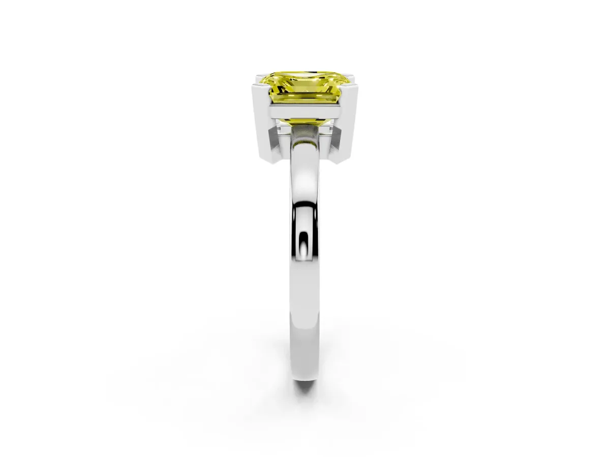Fancy Yellow Asscher Cut Cut Solitaire Ring with Four-Prong Setting and Classic Band Silver