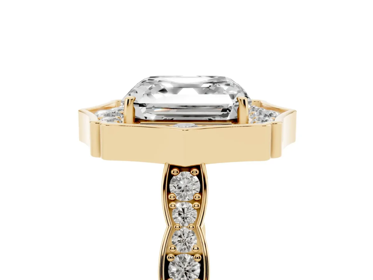 Asscher Cut Halo Diamond Engagement Ring with Milgrain Band and Four-Prong Setting Yellow gold