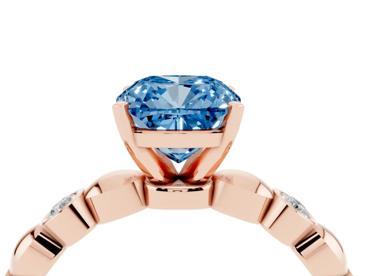 Fancy Blue Cushion Cut Solitaire Bezel-Set Diamond Ring with Beaded Band and Four-Prong Setting Rose gold