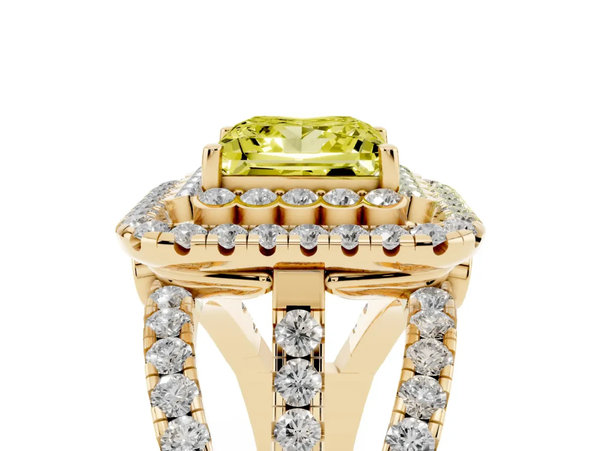 Fancy Yellow Princess Cut Diamond Double Halo Ring with Round Pavé Split Shank and Prong Setting Yellow gold