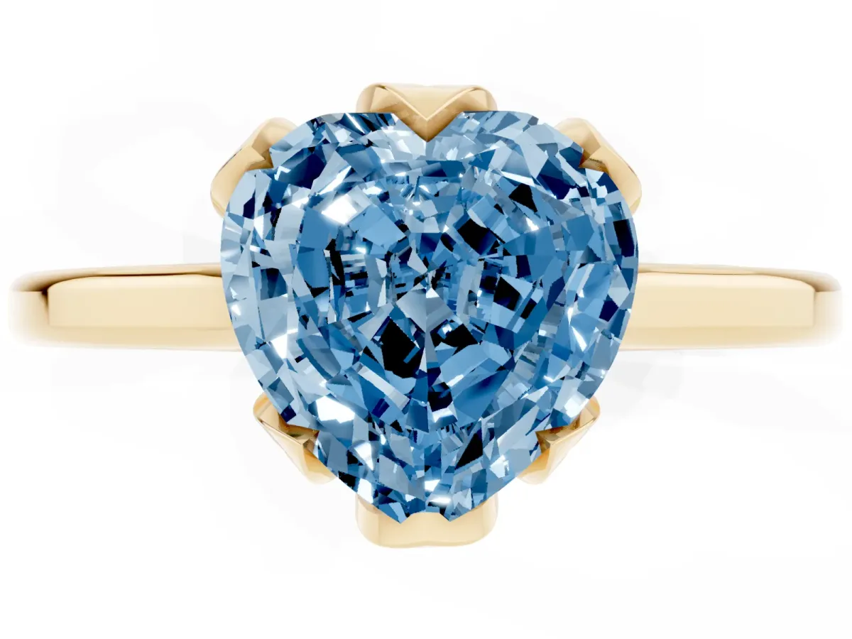 Fancy Blue Heart Cut Diamond Solitaire Ring with Flower Prong Setting and Classic Band Yellow gold