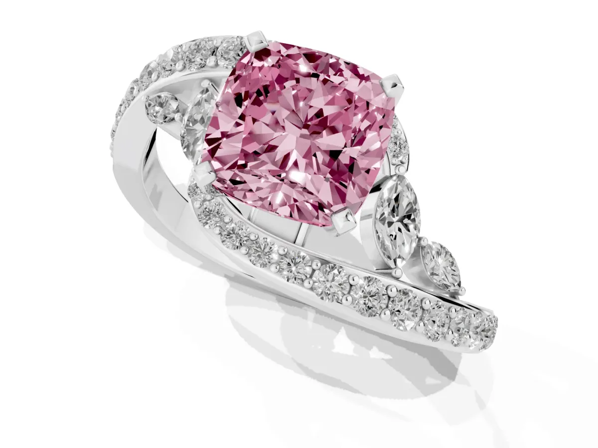 Fancy Pink Cushion Cut Diamond Solitaire Ring with Filigree Band and Four-Prong Setting Silver