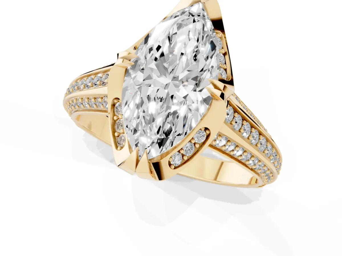 Marquise Cut Solitaire Pave Split Shank Ring with Four-Prong Setting Yellow gold