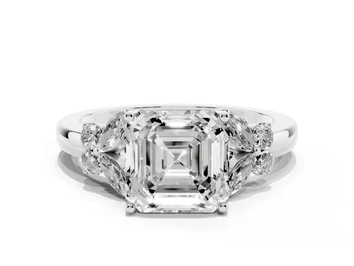 Asscher Cut Cut Solitaire Floral Diamond Ring with Four-Prong Setting Silver