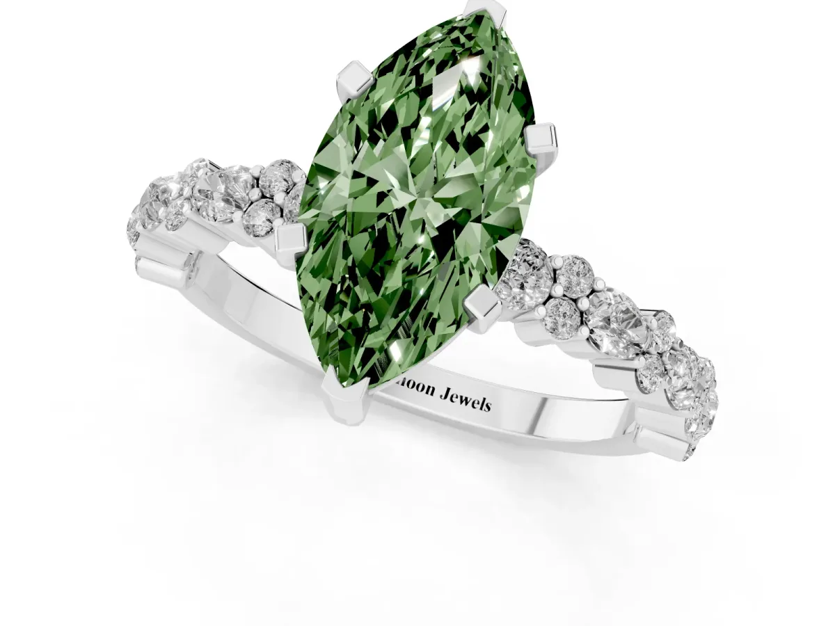 Fancy Green Marquise Cut Diamond Side Stone Solitaire Ring with Round and Four-Prong Setting Silver