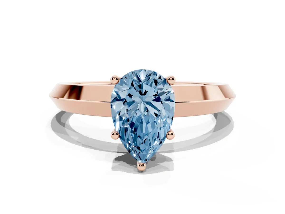 Fancy Blue Pear Cut Cut Solitaire Engagement Ring with Flat Band and Four-Prong Setting Rose gold