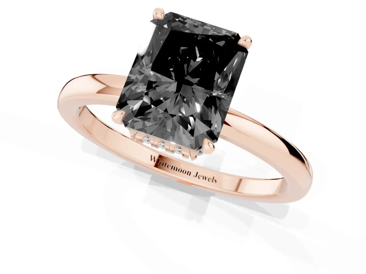 Fancy Black Radiant Cut Solitaire Engagement Ring with Cathedral Band and Four-Prong Setting Rose gold