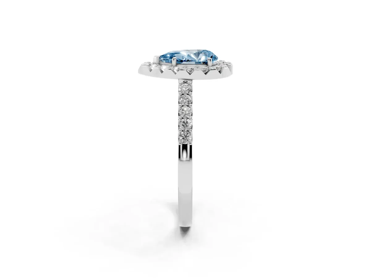 Fancy Blue Pear Cut Halo Diamond Pavé Solitaire Ring Platinum