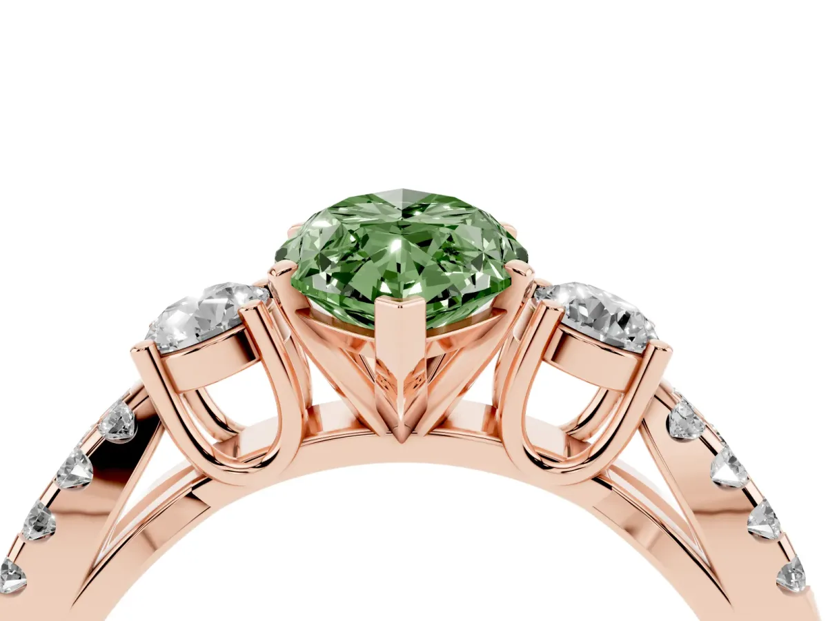 Fancy Green Marquise Cut Diamond Three-Stone Ring with Pavé Split Shank and Four-Prong Setting Rose gold